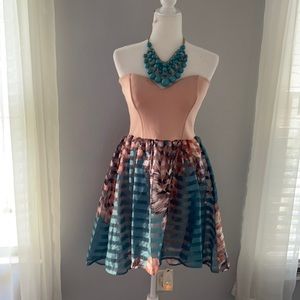 Peach/Turquoise Strapless Hi-Low Party Dress